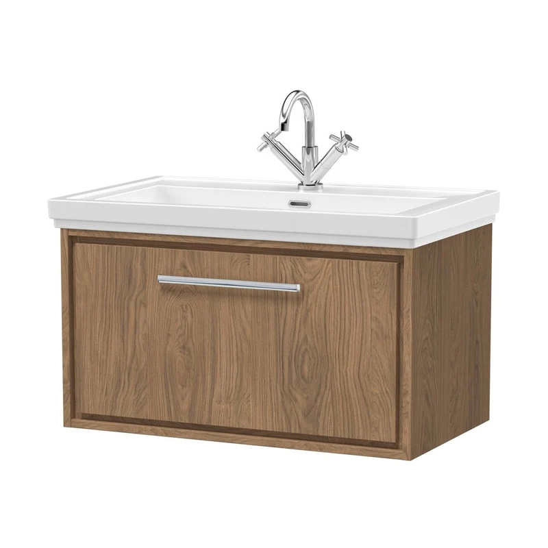 Hudson Reed Lille 800mm Wall Hung Single Drawer Vanity With Basin - 1 Tap Hole Contemp Antique Oak Fireclay,MFC Textured Woodgrain 498x830x471mm