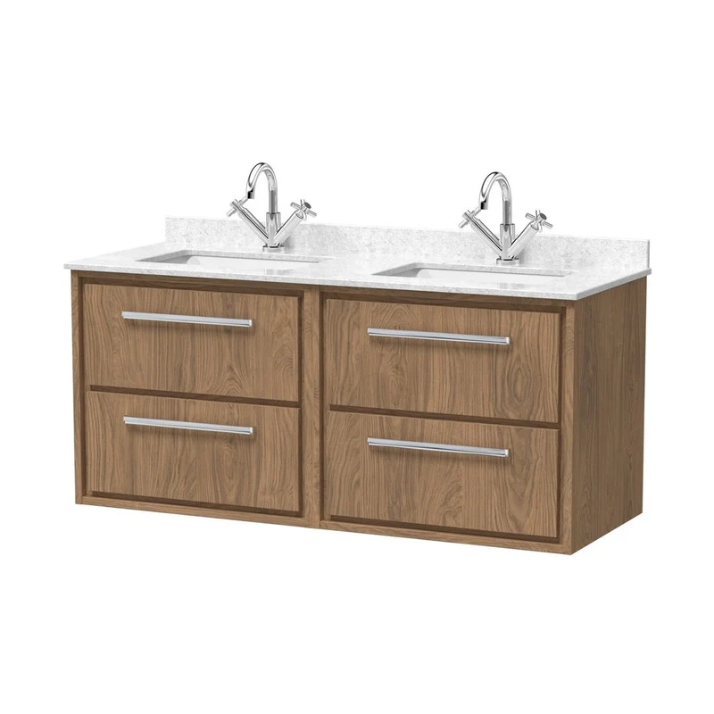 Hudson Reed Lille 1200mm Wall Hung 4-drawer Vanity With Marble Worktop Basin Contemp Antique Oak MFC Textured Woodgrain,vitreous China 617x1220x470mm