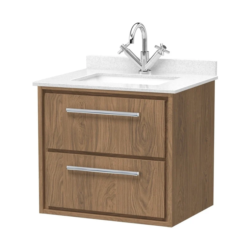 Hudson Reed Lille 600mm Wall Hung 2-drawer Vanity With Marble Worktop Basin Contemp Antique Oak MFC Textured Woodgrain,vitreous China 617x620x470mm