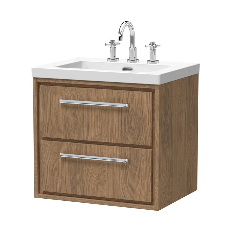 Hudson Reed Lille 600mm Wall Hung 2-drawer Vanity With Basin - 3 Tap Hole Contemp Antique Oak Fireclay,MFC Textured Woodgrain 584x613x462mm
