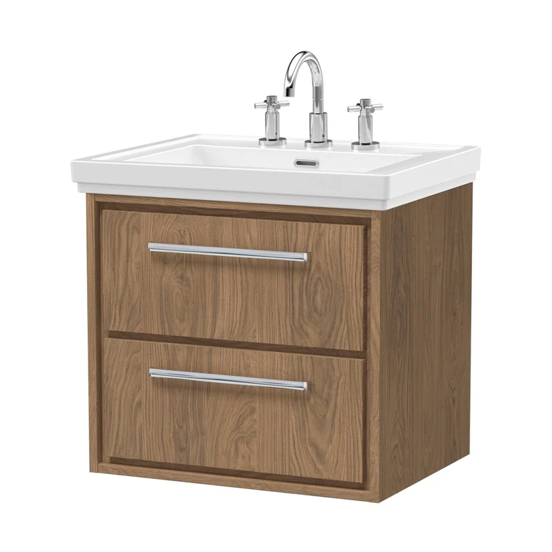 Hudson Reed Lille 600mm Wall Hung 2-drawer Vanity With Basin - 3 Tap Hole Contemp Antique Oak Fireclay,MFC Textured Woodgrain 605x630x471mm