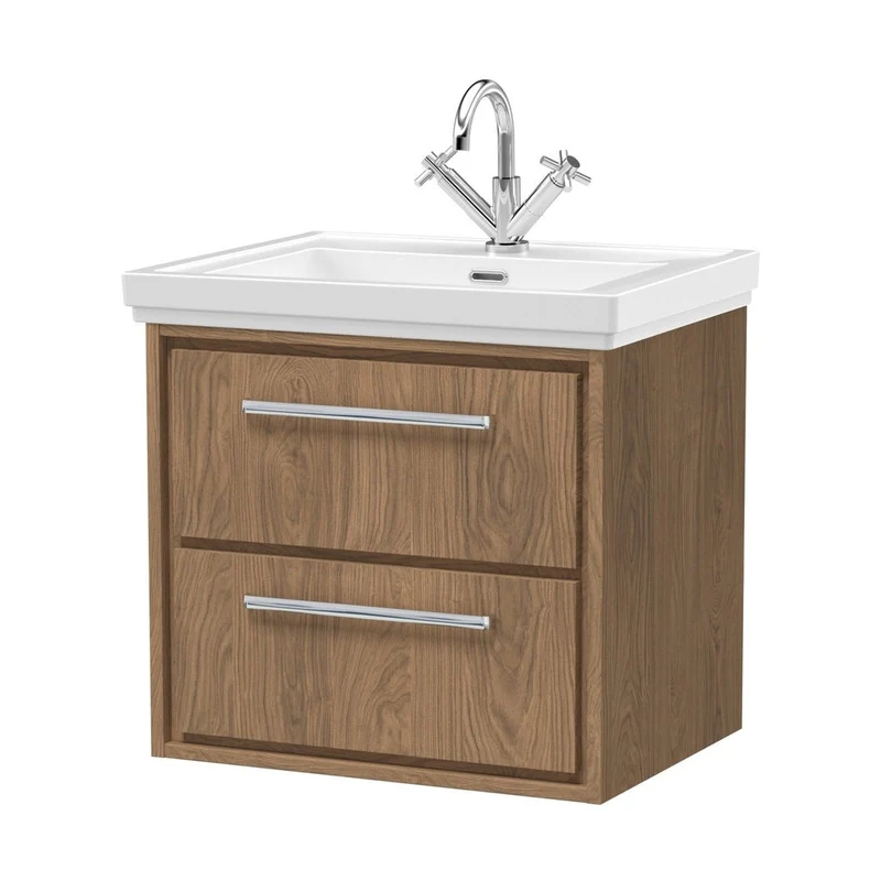 Hudson Reed Lille 600mm Wall Hung 2-drawer Vanity With Basin - 1 Tap Hole Contemp Antique Oak Fireclay,MFC Textured Woodgrain 605x630x471mm