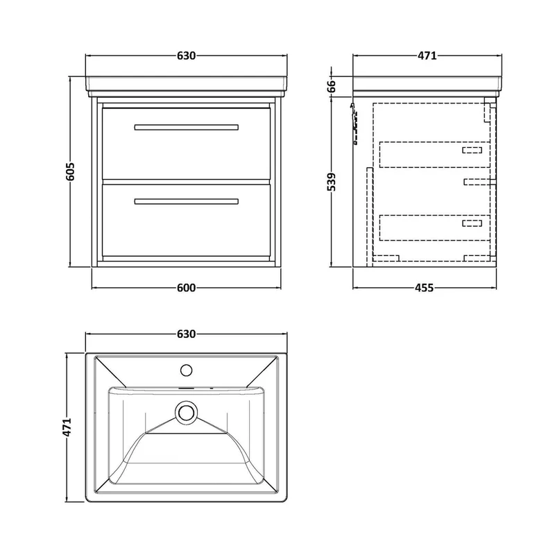 Hudson Reed Lille 600mm Wall Hung 2-drawer Vanity With Basin - 1 Tap Hole Contemp Antique Oak Fireclay,MFC Textured Woodgrain 605x630x471mm