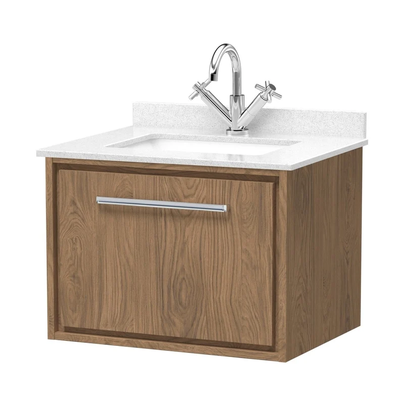Hudson Reed Lille 600mm Wall Hung Single Drawer Vanity With Marble Worktop Basin Contemp Antique Oak MFC Textured Woodgrain,vitreous China 509x620x470mm