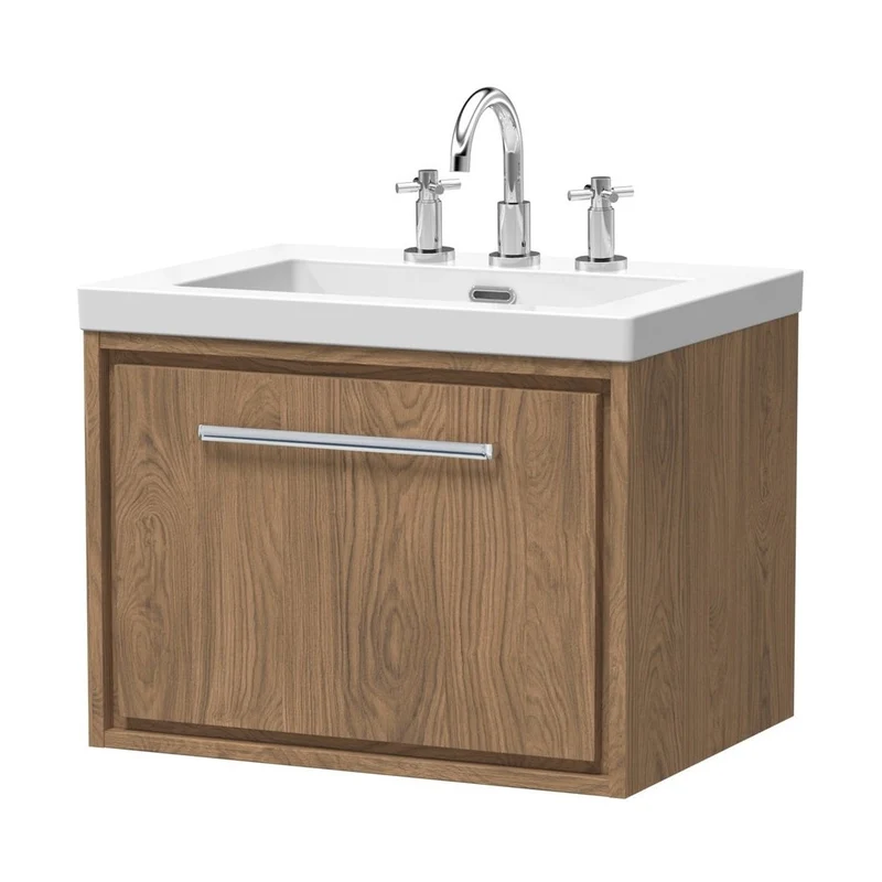 Hudson Reed Lille 600mm Wall Hung Single Drawer Vanity With Basin - 3 Tap Hole Contemp Antique Oak Fireclay,MFC Textured Woodgrain 476x613x462mm