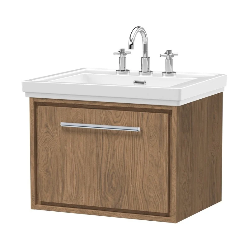 Hudson Reed Lille 600mm Wall Hung Single Drawer Vanity With Basin - 3 Tap Hole Contemp Antique Oak Fireclay,MFC Textured Woodgrain 497x630x471mm
