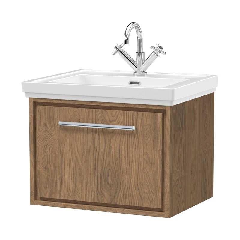 Hudson Reed Lille 600mm Wall Hung Single Drawer Vanity With Basin - 1 Tap Hole Contemp Antique Oak Fireclay,MFC Textured Woodgrain 497x630x471mm