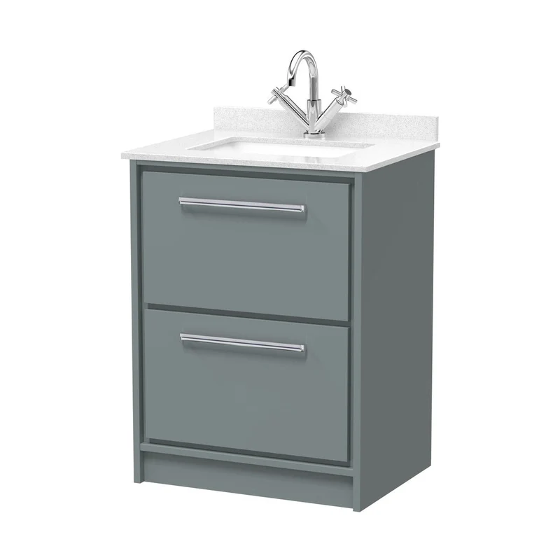 Hudson Reed Lille 600mm Floor Standing 2-drawer Vanity With Marble Worktop Basin Contemp Coastal Grey MFC Smooth Matt,vitreous China 878x620x470mm