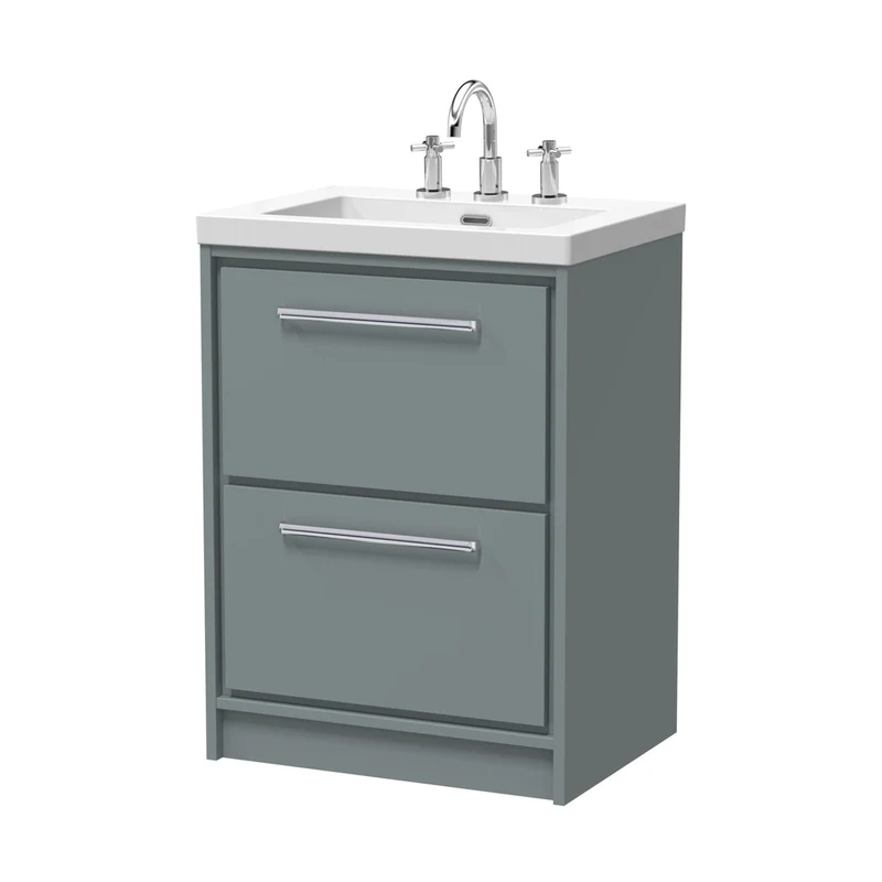 Hudson Reed Lille 600mm Floor Standing 2-drawer Vanity With Basin - 3 Tap Hole Contemp Coastal Grey Fireclay,MFC Smooth Matt 845x613x462mm