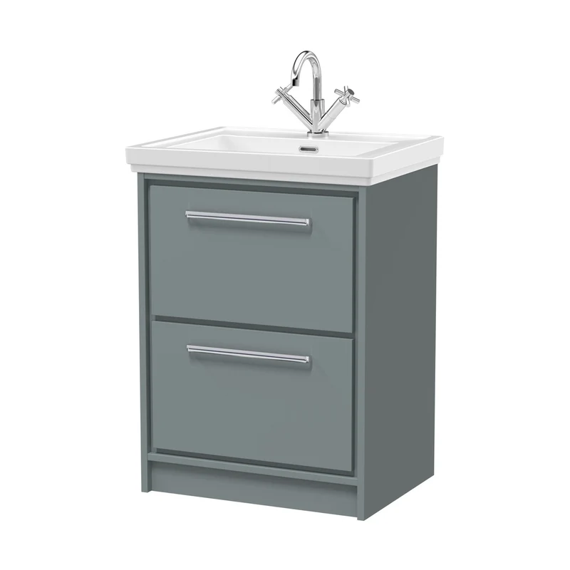 Hudson Reed Lille 600mm Floor Standing 2-drawer Vanity With Basin - 1 Tap Hole Contemp Coastal Grey Fireclay,MFC Smooth Matt 866x630x471mm