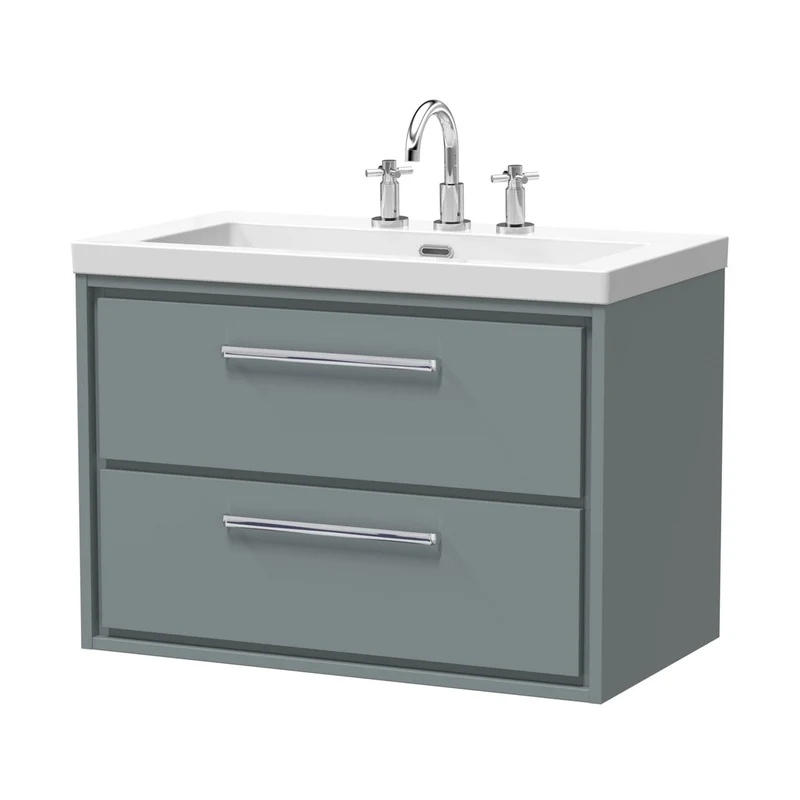Hudson Reed Lille 800mm Wall Hung 2-drawer Vanity With Basin - 3 Tap Hole Contemp Coastal Grey Fireclay,MFC Smooth Matt 584x813x462mm