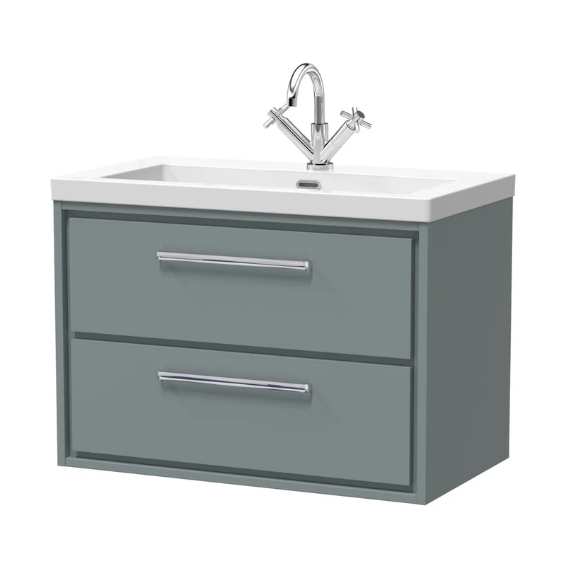 Hudson Reed Lille 800mm Wall Hung 2-drawer Vanity With Basin - 1 Tap Hole Contemp Coastal Grey Fireclay,MFC Smooth Matt 584x813x462mm