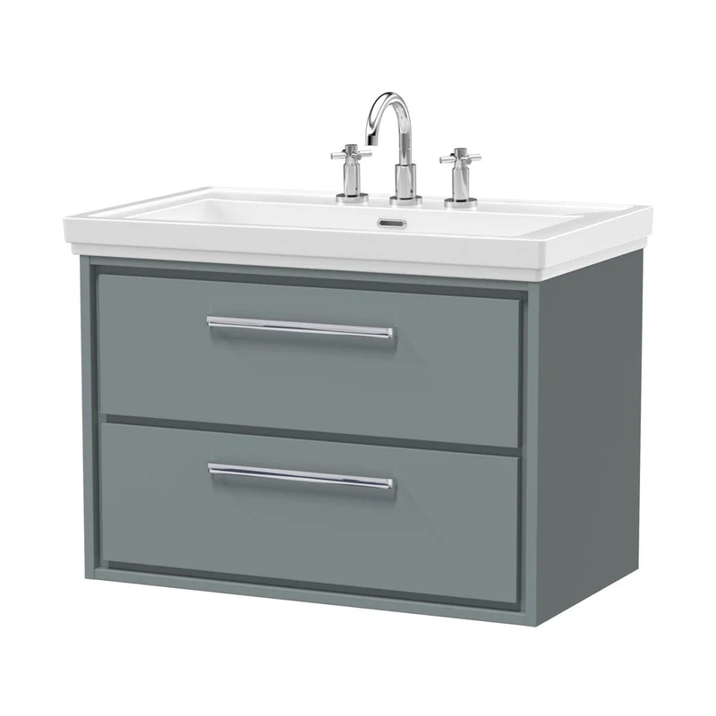 Hudson Reed Lille 800mm Wall Hung 2-drawer Vanity With Basin - 3 Tap Hole Contemp Coastal Grey Fireclay,MFC Smooth Matt 606x830x471mm