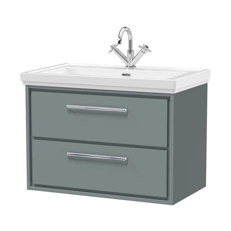 Hudson Reed Lille 800mm Wall Hung 2-drawer Vanity With Basin - 1 Tap Hole Contemp Coastal Grey Fireclay,MFC Smooth Matt 606x830x471mm