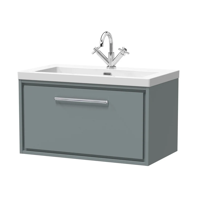 Hudson Reed Lille 800mm Wall Hung Single Drawer Vanity With Basin - 1 Tap Hole Contemp Coastal Grey Fireclay,MFC Smooth Matt 476x813x462mm