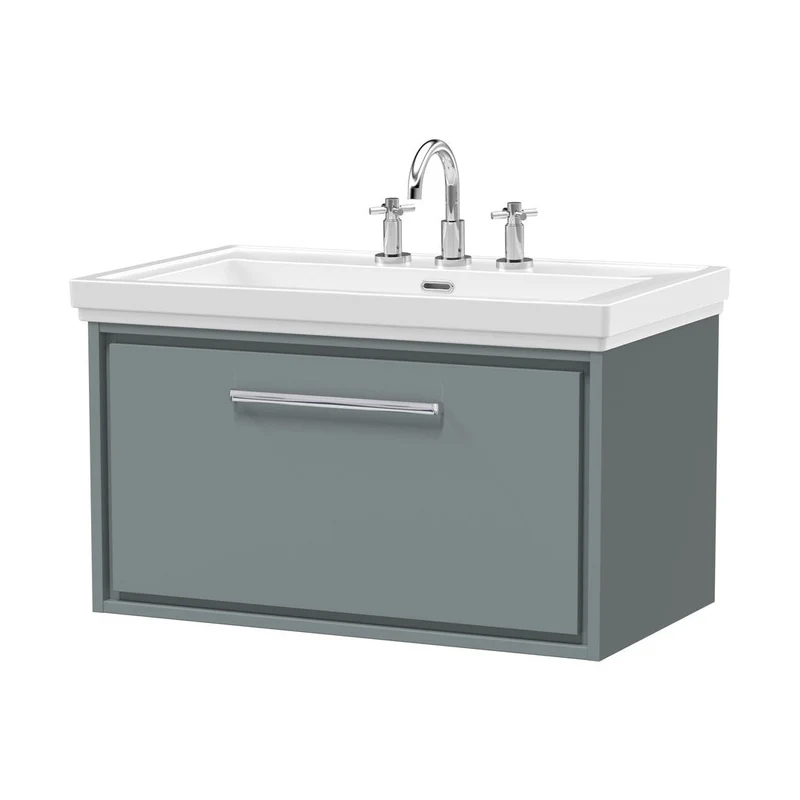 Hudson Reed Lille 800mm Wall Hung Single Drawer Vanity With Basin - 3 Tap Hole Contemp Coastal Grey Fireclay,MFC Smooth Matt 498x830x471mm