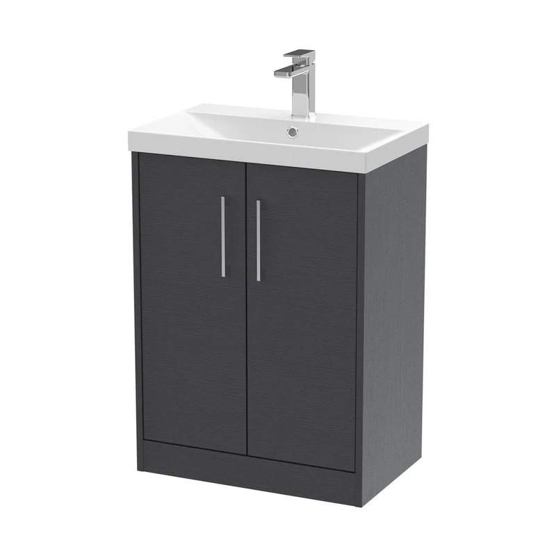 Hudson Reed Juno 600mm Floor Standing 2 Door Vanity & Basin 3 Contemp Graphite Grey Woodgrain MFC Textured Woodgrain 853x600x395mm