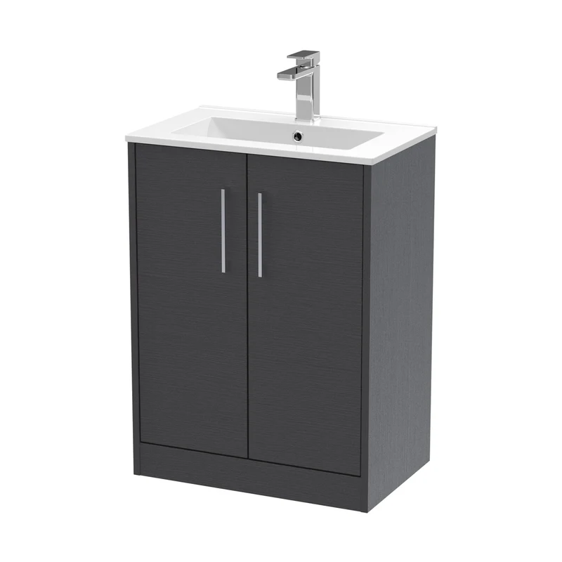 Hudson Reed Juno 600mm Floor Standing 2 Door Vanity & Basin 2 Contemp Graphite Grey Woodgrain MFC Textured Woodgrain 818x600x390mm
