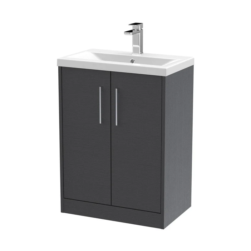 Hudson Reed Juno 600mm Floor Standing 2 Door Vanity & Basin 1 Contemp Graphite Grey Woodgrain MFC Textured Woodgrain 843x600x390mm