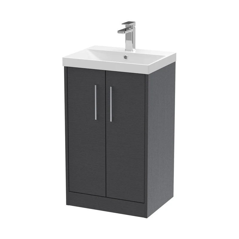 Hudson Reed Juno 500mm Floor Standing 2 Door Vanity & Basin 3 Contemp Graphite Grey Woodgrain MFC Textured Woodgrain 853x500x395mm