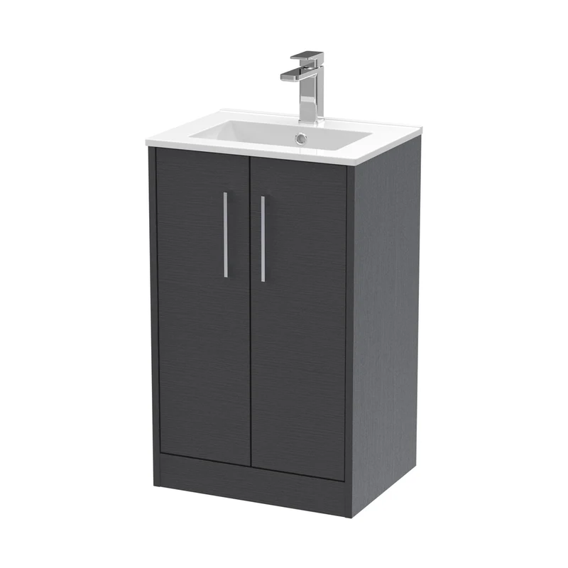 Hudson Reed Juno 500mm Floor Standing 2 Door Vanity & Basin 2 Contemp Graphite Grey Woodgrain MFC Textured Woodgrain 818x500x390mm
