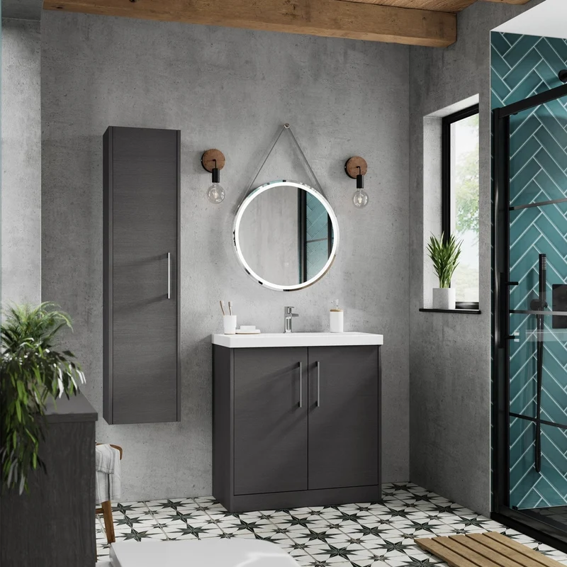 Hudson Reed Juno 500mm Floor Standing 2 Door Vanity & Basin 2 Contemp Graphite Grey Woodgrain MFC Textured Woodgrain 818x500x390mm