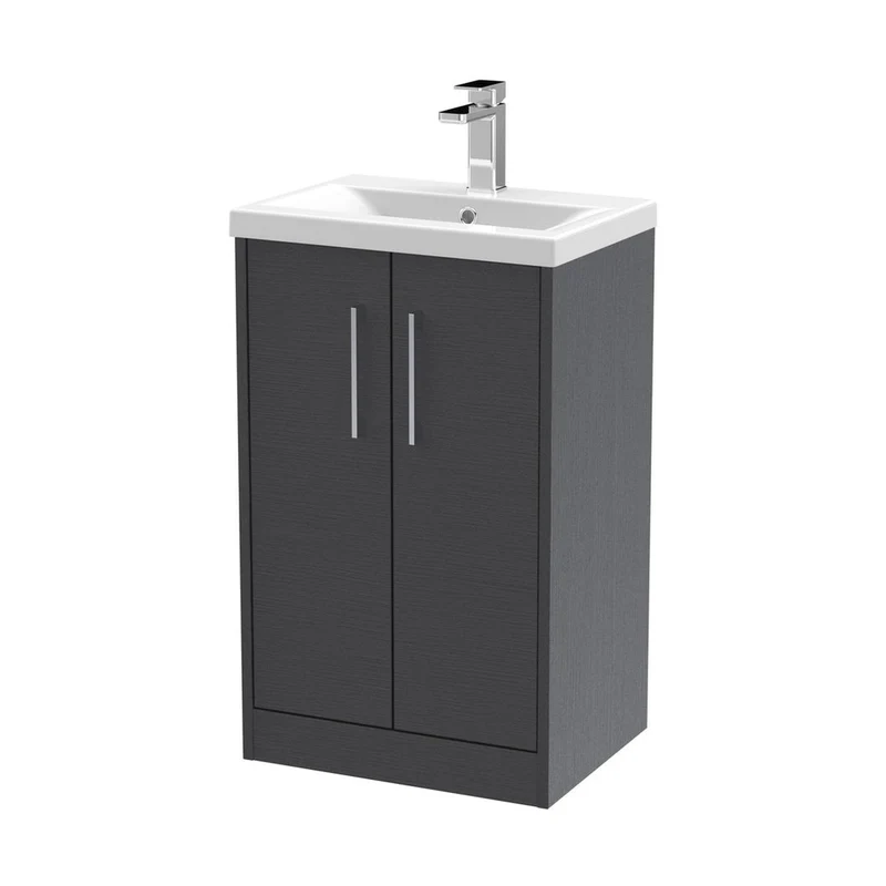 Hudson Reed Juno 500mm Floor Standing 2 Door Vanity & Basin 1 Contemp Graphite Grey Woodgrain MFC Textured Woodgrain 843x500x390mm