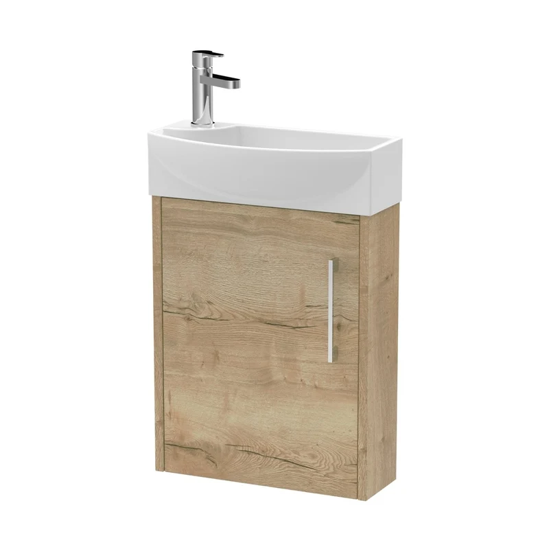Hudson Reed Juno Compact 440mm Wall Hung 1 Door Unit & 1th Basin Rh Contemp Autumn Oak MFC Textured Woodgrain 479x450x220mm