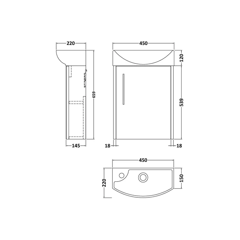 Hudson Reed Juno Compact 440mm Wall Hung 1 Door Unit & 1th Basin Rh Contemp Autumn Oak MFC Textured Woodgrain 479x450x220mm