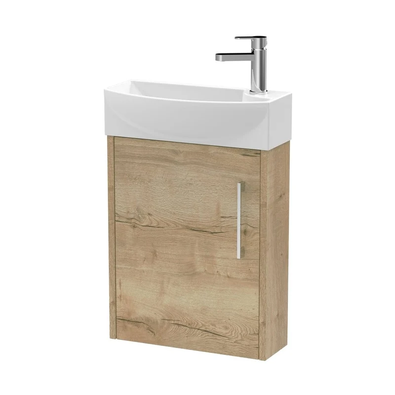 Hudson Reed Juno Compact 440mm Wall Hung 1 Door Unit & 1th Basin Lh Contemp Autumn Oak MFC Textured Woodgrain 479x450x220mm