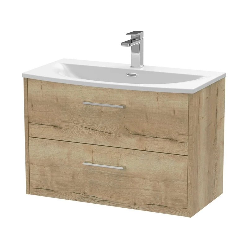 Hudson Reed Juno 800mm Wall Hung 2 Drawer Vanity & Basin 4 Contemp Autumn Oak MFC Textured Woodgrain 569x810x440mm