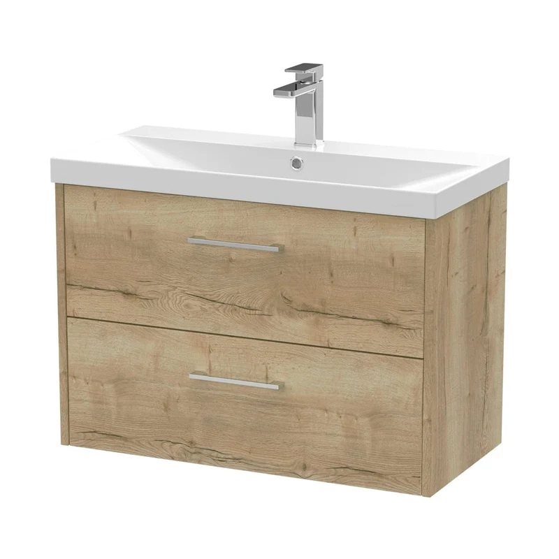 Hudson Reed Juno 800mm Wall Hung 2 Drawer Vanity & Basin 3 Contemp Autumn Oak MFC Textured Woodgrain 589x800x395mm