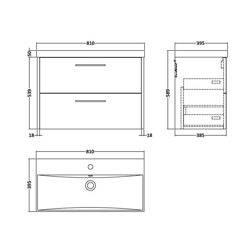 Hudson Reed Juno 800mm Wall Hung 2 Drawer Vanity & Basin 3 Contemp Autumn Oak MFC Textured Woodgrain 589x800x395mm