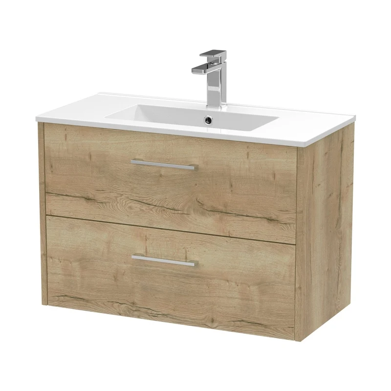 Hudson Reed Juno 800mm Wall Hung 2 Drawer Vanity & Basin 2 Contemp Autumn Oak MFC Textured Woodgrain 554x800x390mm