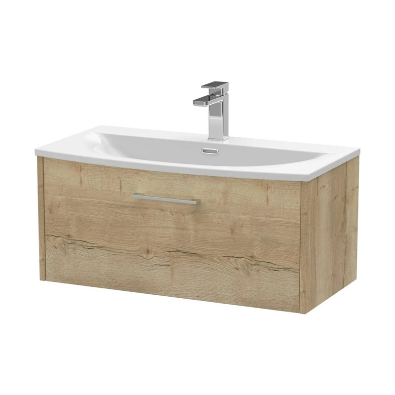 Hudson Reed Juno 800mm Wall Hung Single Drawer Vanity & Basin 4 Contemp Autumn Oak MFC Textured Woodgrain 389x810x440mm