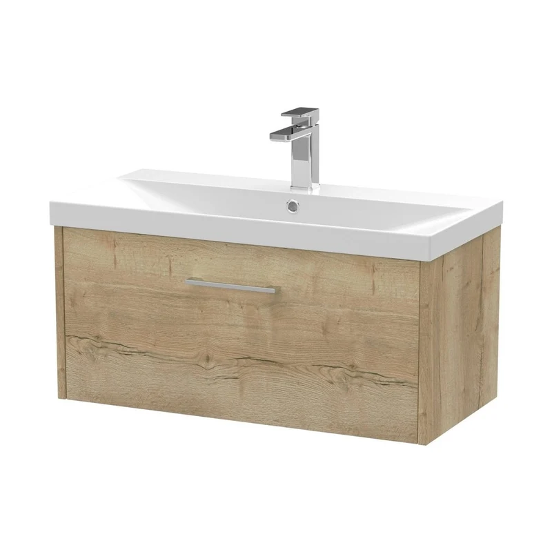 Hudson Reed Juno 800mm Wall Hung Single Drawer Vanity & Basin 3 Contemp Autumn Oak MFC Textured Woodgrain 409x800x395mm
