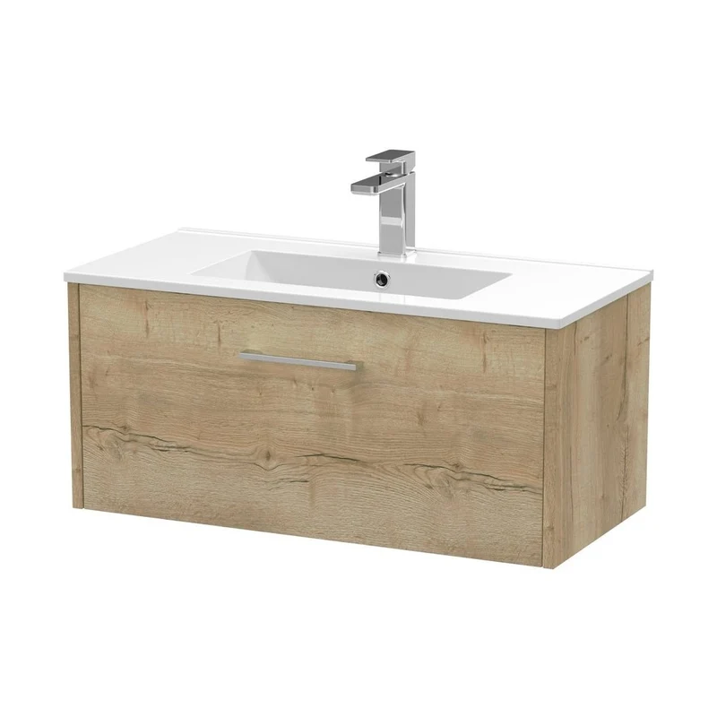 Hudson Reed Juno 800mm Wall Hung Single Drawer Vanity & Basin 2 Contemp Autumn Oak MFC Textured Woodgrain 374x800x390mm