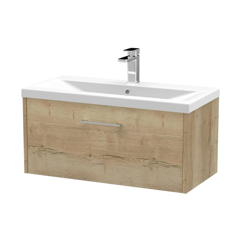 Hudson Reed Juno 800mm Wall Hung Single Drawer Vanity & Basin 1 Contemp Autumn Oak MFC Textured Woodgrain 399x800x390mm