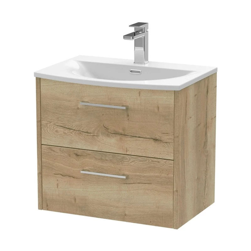 Hudson Reed Juno 600mm Wall Hung 2 Drawer Vanity & Basin 4 Contemp Autumn Oak MFC Textured Woodgrain 569x610x440mm