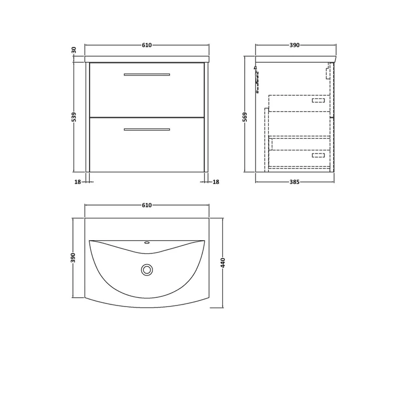 Hudson Reed Juno 600mm Wall Hung 2 Drawer Vanity & Basin 4 Contemp Autumn Oak MFC Textured Woodgrain 569x610x440mm