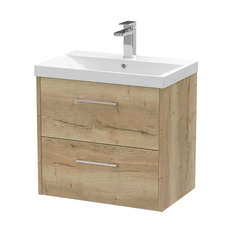 Hudson Reed Juno 600mm Wall Hung 2 Drawer Vanity & Basin 3 Contemp Autumn Oak MFC Textured Woodgrain 589x600x395mm