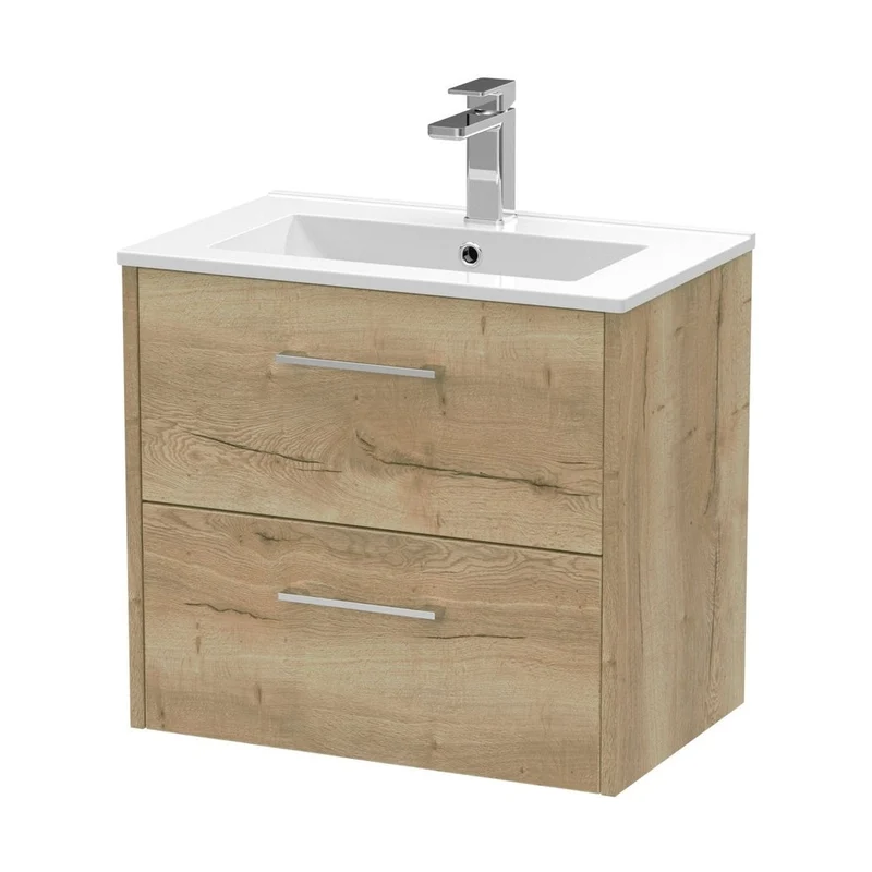 Hudson Reed Juno 600mm Wall Hung 2 Drawer Vanity & Basin 2 Contemp Autumn Oak MFC Textured Woodgrain 554x600x390mm