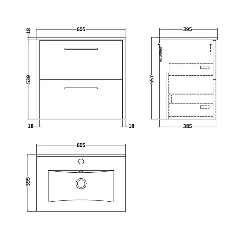 Hudson Reed Juno 600mm Wall Hung 2 Drawer Vanity & Basin 2 Contemp Autumn Oak MFC Textured Woodgrain 554x600x390mm