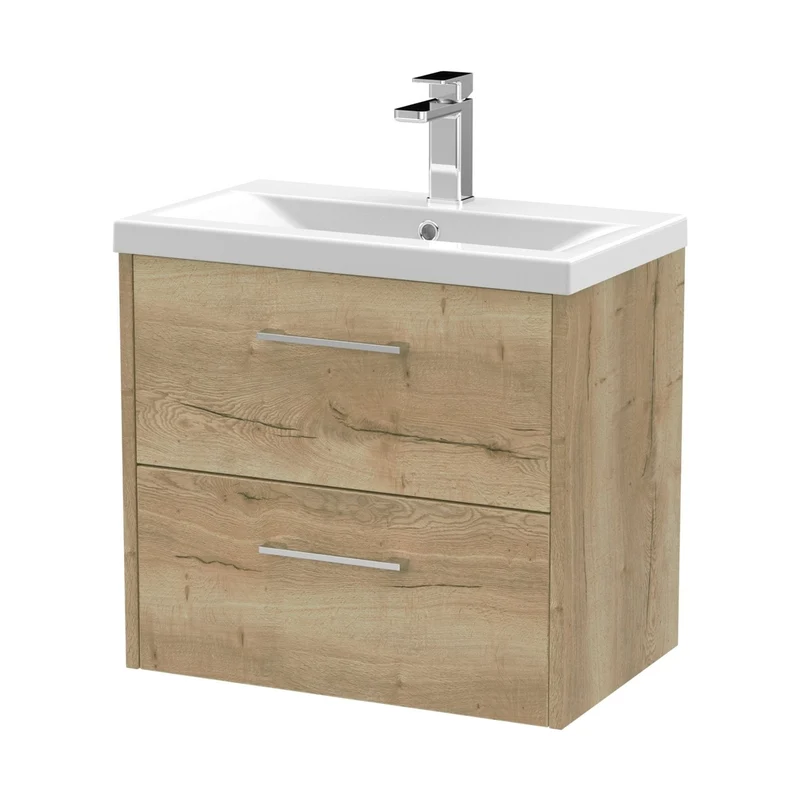 Hudson Reed Juno 600mm Wall Hung 2 Drawer Vanity & Basin 1 Contemp Autumn Oak MFC Textured Woodgrain 579x600x390mm