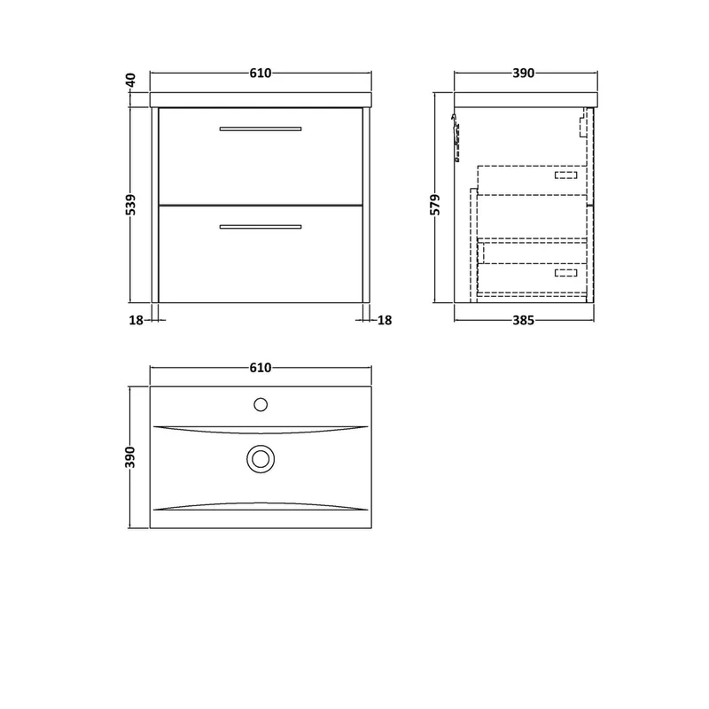 Hudson Reed Juno 600mm Wall Hung 2 Drawer Vanity & Basin 1 Contemp Autumn Oak MFC Textured Woodgrain 579x600x390mm