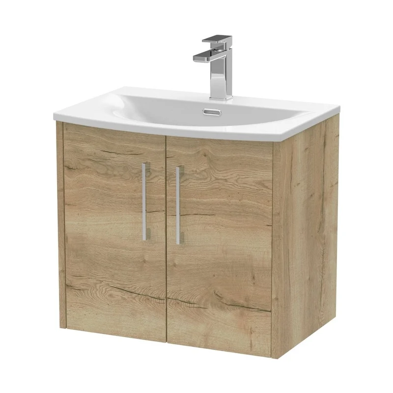 Hudson Reed Juno 600mm Wall Hung 2 Door Vanity & Basin 4 Contemp Autumn Oak MFC Textured Woodgrain 569x610x440mm