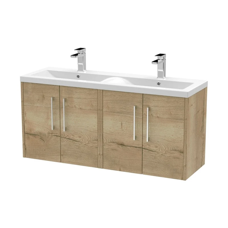 Hudson Reed Juno 1200mm Wall Hung 4 Door Vanity & Double Basin Contemp Autumn Oak MFC Textured Woodgrain 539x1205x390mm - JNU1823F
