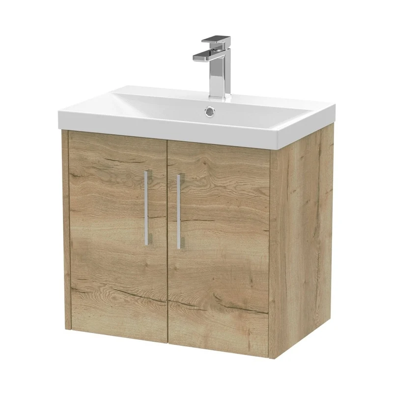 Hudson Reed Juno 600mm Wall Hung 2 Door Vanity & Basin 3 Contemp Autumn Oak MFC Textured Woodgrain 589x600x395mm