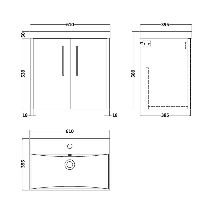 Hudson Reed Juno 600mm Wall Hung 2 Door Vanity & Basin 3 Contemp Autumn Oak MFC Textured Woodgrain 589x600x395mm