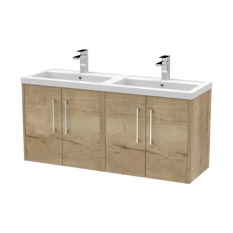 Hudson Reed Juno 1200mm Wall Hung 4 Door Vanity & Double Basin Contemp Autumn Oak MFC Textured Woodgrain 539x1205x390mm - JNU1823C
